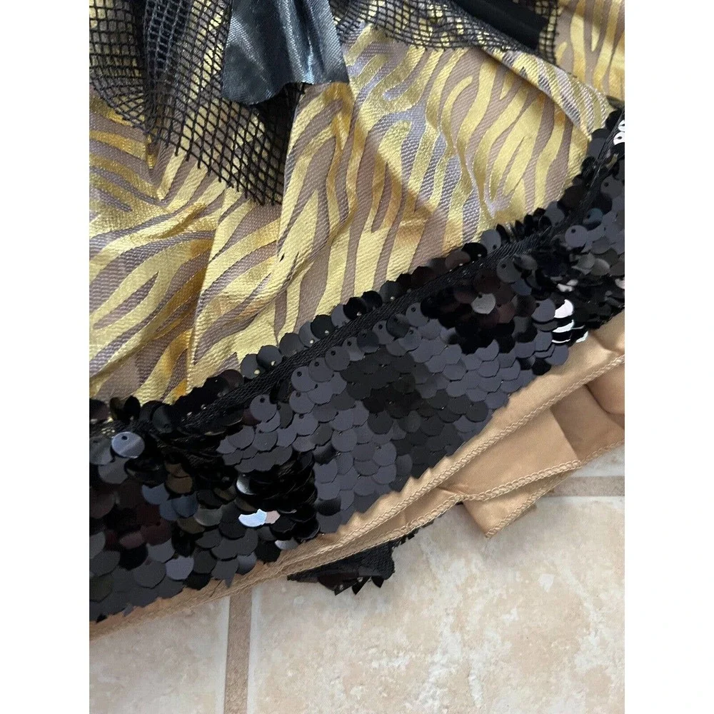 Girl’s Monster High Metallic Gold & Black Skirt Tutu Elastic Waist Sequins Mesh